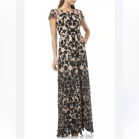 JS Collections Size 6 Gown Black Floral Embroidered Mesh Short Sleeve Prom Dress - Picture 1 of 10